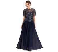 Ever-Pretty Abendkleider Lang Chiffon Pailletten Ballkleider Rundhalsausschnitt Festlich Mutter der Braut Navy Blau 46