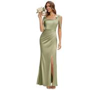 Ever-Pretty Abendkleider Lang Satin Brautjungfernkleider mit Schlitz Elegantes Ballkleid für Hochzeit Salbeigrün 38