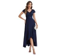 Ever-Pretty Abendkleider Lang Spitzen High Low Cocktailkleid Midi Chiffon Festliche Für Hochzeit Navy Blau 46