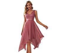 Ever-Pretty Cocktailkleid, asymmetrisch, Knielang, Damen, Doppel-V-Ausschnitt, ärmellos, aus Spitze, Chiffon, 0207, Est Venu Braun, 46