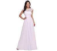 Ever-Pretty Damen A-Linie Abendkleid Spitze Frauen Cocktailkleid Kurze Ärmel Chiffon Lange Weiß 54