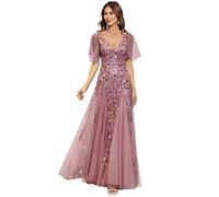 Ever-Pretty Damen A-Linie Abendkleider V-Ausschnitt Romantisches Kurze Ärmel Elegant Partykleid Lang Orchidee 42
