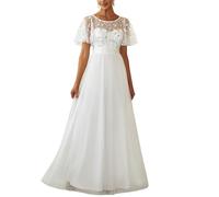 Ever-Pretty Damen Abendkleid A-Linie Spitze Kurze Ärmel Partykleid lang Weiß 40