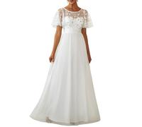 Ever-Pretty Damen Abendkleid A-Linie Spitze Kurze Ärmel Partykleid lang Weiß 52