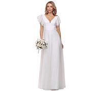 Ever-Pretty Damen Abendkleid A-Linie V Ausschnitt Kurze Ärmel Brautjungfernkleid Spitze lang Weiß 56
