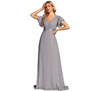 Ever-Pretty Damen Abendkleid Frau A-Linie Chiffon Abschlusskleid V Ausschnitt Hochzeit Bodenlang Grau 42