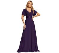 Ever-Pretty Damen Abendkleid Frau A-Linie Chiffon Brautjungfernkleid V Ausschnitt Hochzeit Bodenlang Dunkel Violett 46