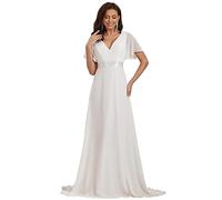 Ever-Pretty Damen Abendkleid Frau A-Linie Chiffon Brautjungfernkleid V Ausschnitt Hochzeit Bodenlang Weiß 44