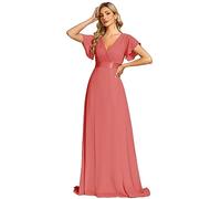Ever-Pretty Damen Abendkleid Frau A-Linie Chiffon Brautjungfernkleid V Ausschnitt Hochzeit Koralle 38