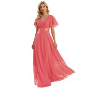 Ever-Pretty Damen Abendkleid Frau A-Linie Chiffon Brautjungfernkleid V Ausschnitt Hochzeit Koralle 38