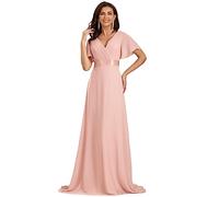 Ever-Pretty Damen Abendkleid Frau A-Linie Chiffon Brautjungfernkleid V Ausschnitt Hochzeit Rosa 46