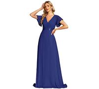 Ever-Pretty Damen Abendkleid Frau A-Linie Chiffon Brautjungfernkleid V Ausschnitt Hochzeit Saphirblau 48