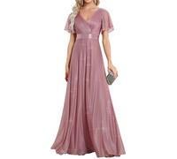 Ever-Pretty Damen Funkelnde Rüschenärmel Tiefer V-Ausschnitt Empire-Taille A-Linie Hochzeitsgast Kleid Orchidee 46EU