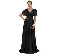 Ever-Pretty Damen Funkelnde Rüschenärmel Tiefer V-Ausschnitt Empire-Taille A-Linie Hochzeitsgast Kleid Schwarz 46EU