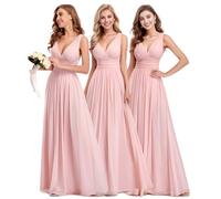 Ever-Pretty Damen Partykleid Lang A-Linie V-Ausschnitt Ärmellos Chiffon Hohe Taille Pink 44EU