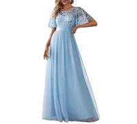 Ever-Pretty Damen Rundhalsausschnitt Kurze Ärmel Pailletten Tüll Elegant Maxi Abendkleider Himmelblau 36