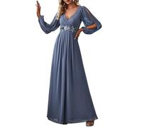 Ever-Pretty Damen Stilvolle Chiffon V-Ausschnitt Applique Plus Size Festliches Kleider mit Langen Laternenärmeln Staubige Marine EU50