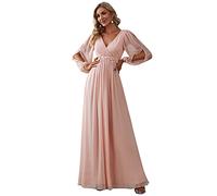 Ever-Pretty Damen Stilvolle Chiffon V-Ausschnitt Applique Plus Size Festliches Kleider mit Langen Laternenärmeln Rosa EU38