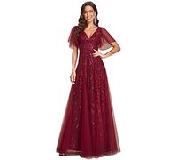 Ever-Pretty Damen V-Ausschnitt A-Linie Kurze Ärmel Maxi Ballkleider Abendkleider Burgund 42