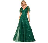 Ever-Pretty Damen V-Ausschnitt A-Linie Kurze Ärmel Maxi Ballkleider Abendkleider Dunkelgrün 48