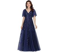 Ever-Pretty Damen V-Ausschnitt A-Linie Kurze Ärmel Maxi Ballkleider Abendkleider Navy Blau 40
