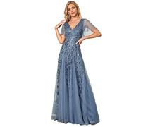 Ever-Pretty Damen V-Ausschnitt A-Linie Kurze Ärmel Maxi Ballkleider Abendkleider Staubige Marine 40