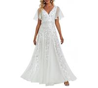 Ever-Pretty Damen V-Ausschnitt A-Linie Kurze Ärmel Maxi Ballkleider Abendkleider Weiß 52