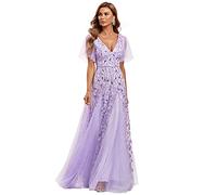 Ever-Pretty Damen V-Ausschnitt A-Linie Kurze Ärmel Maxi Ballkleider Festliches Kleider Lavendel 40