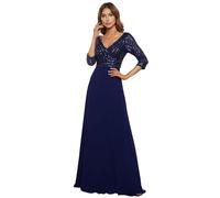 Ever-Pretty Damen V-Ausschnitt Pailletten Lange Ärmel Abendkleider Bodenlang A-Linie Elegant Chiffon Navy Blau 46