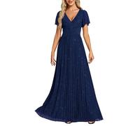 Ever-Pretty Kleid Elegant Damen Festlich Lang Ballkleid Maxi Hell Abendkleider Elegant für Hochzeit A Line Kurze Ärmel Navy Blau 38