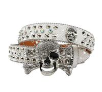 EVERBLTING Y2K Totenkopf-Gürtel mit Strasssteinen für Herren und Damen, Nieten, Punk, Totenkopf-Gürtel, stylischer Strass-Cowgirl-Gürtel, Weiss/opulenter Garten, 105: fits waist from 30"-34"