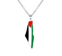 Everyiod Halskette Mit Anhänger Mit Palästina-Flagge Und Karte, Retro-Modeschmuck, Charm, Geometrisches Muster, Ländergrenze, Hip-Hop-Pulloverkette Für Frauen Und Männer, Weiß, 50 Cm