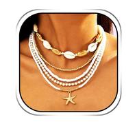 Evlry Boho-Halskette mit Muscheln und goldenem Seestern-Anhänger, Strand-Perlen-Choker für Damen