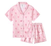 Ewbob Schlafanzug Mädchen Kurz Bequem,Sommer Kinder Pyjama,Teenager Satin Schlafanzug,Weiche Pyjama Kurzarm und Shorts Set-C9-001-Pink Bow-9-10Jahre