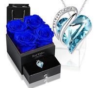 Ewige Rose Box mit Herz Halskette, Upgrade Geschenke für Frauen mit 4 Konservierte Ewige Echte Rosen & Herz Halskette aus 925 Sterlingsilber Schmuck Rosenbox für Geburtstag Valentinstag (Blau Rose)