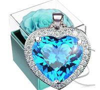 Ewige Rose mit Aquamarin Kette Silber 925,Konservierte Echte Rose mit Damen Kristall Herz Halskette,Eternal Cryan Rosen Saphir Halskette，Pastell Blau Infinity Rosenbox Geschenk Mutter Freundin Frauen