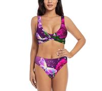 EWQrtyy Wunderschöner zweiteiliger Bikini mit Schmetterlings-Blumenmuster für Damen, überkreuzte Vorderseite, Badeanzug mit abnehmbarem, gepolstertem Oberteil, Schwarz , M