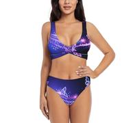 EWQrtyy Zweiteiliger Bikini mit Schmetterlingsmotiv für Damen, überkreuzte Vorderseite, Badeanzug mit abnehmbarem, gepolstertem Oberteil, Violett, Schwarz , XL