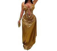 EWYRJYH Glänzendes, Goldfarbenes Langes Kleid mit Ausschnitten, Spaghettiträger mit Kettenelementen, Ausschnitt Vorne, Geraffte Taille, Ideal für Abschlussbälle und Partys(S)