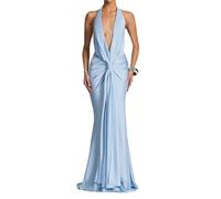 EWYRJYH Satin-Kleid mit Spaghettiträgern, Tiefem V-Ausschnitt, Schnürung An Der Taille und Gerafftem Rückenausschnitt, Geeignet für Abschlussbälle und Abendessen(Blue,L)