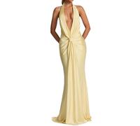 EWYRJYH Satin-Kleid mit Spaghettiträgern, Tiefem V-Ausschnitt, Schnürung An Der Taille und Gerafftem Rückenausschnitt, Geeignet für Abschlussbälle und Abendessen(Yellow,M)