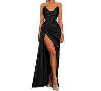 EWYRJYH Sexy Abendkleid Aus Satin, Gerafftes Oberteil Hoher Seitenschlitz Tiefer V-Ausschnitt, Trägerlos, Geeignet für Festliche Anlässe und Den Abschlussball(Schwarz,L)