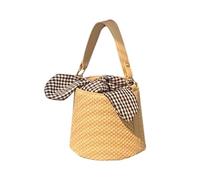 EXAOMBLE Modische Strohgeflochtene Umhängetasche mit Dekorativem Karomuster und Geräumigem Innenfach Kreative Damen Schultertasche aus Pu Stoff und Stroh für Shopping und Partys
