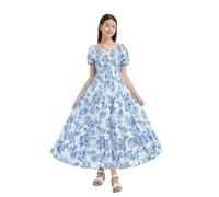 EXARUS Maxikleid für Mädchen, lang, gesmokt, Tween, Schweizer Punkte, Sommer, quadratischer Ausschnitt, kurze Ärmel, lässig, A-Linie, Kleider für 6-12 Jahre