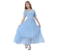 EXARUS Maxikleid für Mädchen, lang, gesmokt, Tween, Schweizer Punkte, Sommer, quadratischer Ausschnitt, kurze Ärmel, lässig, A-Linie, Kleider für 6-12 Jahre