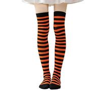 exatta Damen Gestreifte Overknees Strümpfe,Damen Gestreifte Kniestrümpfe,Overknee Strümpfe,Ringelstrümpfe für Karneval Fasching Halloween Weihnachten Themenparty (Schwarz Orange)