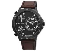 Excellanc Elite Herrenuhr Schwarz Braun Analog Triple Time Weltzeit 3 Zeiten Zeitzonen Kunst-Leder Quarz 3 Bar Armbanduhr