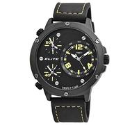 Excellanc Elite Herrenuhr Schwarz Gelb Analog Triple Time Weltzeit 3 Zeiten Zeitzonen Kunst-Leder Quarz 3 Bar Armbanduhr