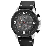 Excellanc Elite Herrenuhr Schwarz Grau Analog Datum Chronograph Kunst-Leder Quarz 3 Bar Armbanduhr