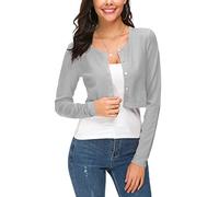 EXCHIC Damen Elegant Langarm Bolero Strickjacke mit Knöpfe Rundhals Festlich Gestrickte Shrug Kurz Cardigan für Kleider (S, Licht Grau)